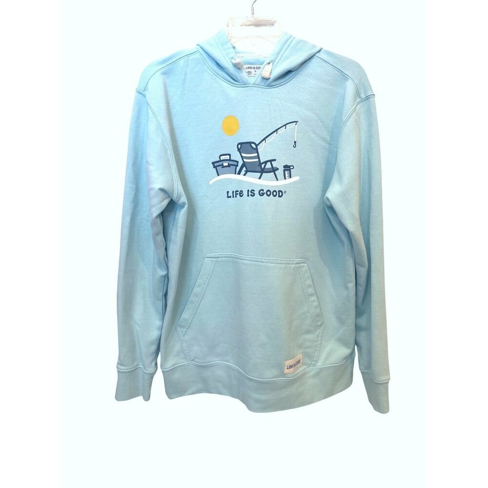 Life Is Good M Beach Blue Hoodie Sweatshirt Front Pocket & Fishing Graphic Lake - Picture 1 of 11